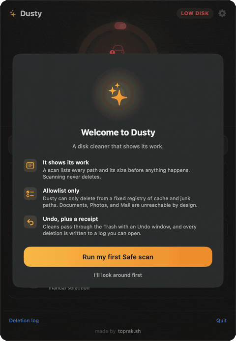Dusty scanning caches and listing them by size