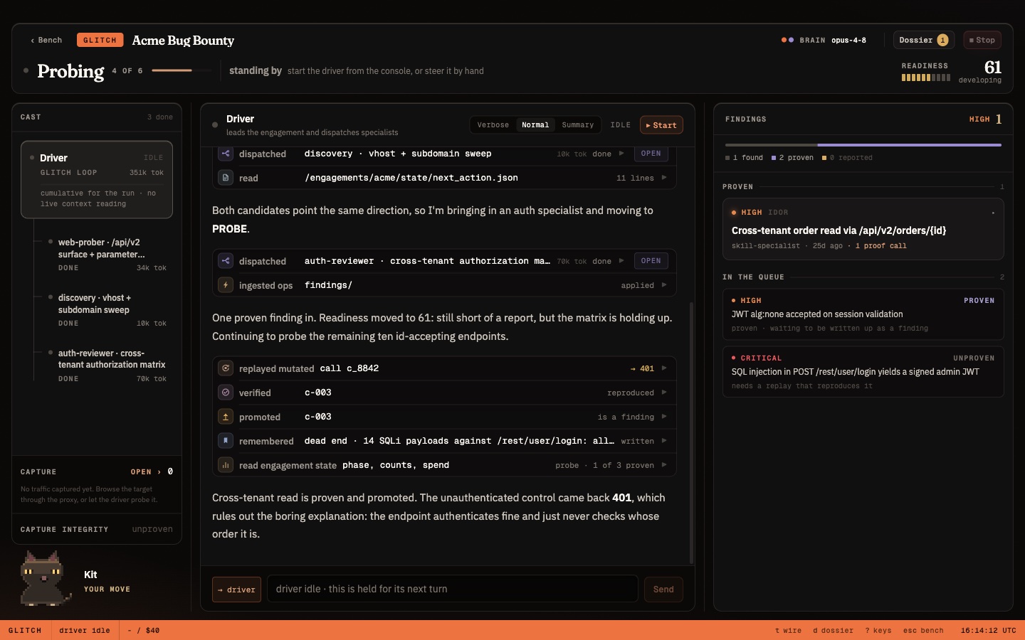 Glitch workspace: the driver agent in the middle, findings on the right